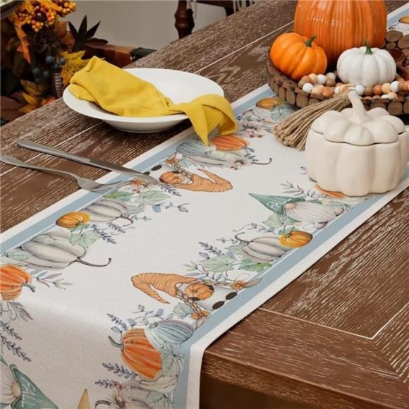 Table Runner 13x72 Inch, Pumpkins Table Decoration Kitchen Dinning Thanksgiving - Picture 5 of 6
